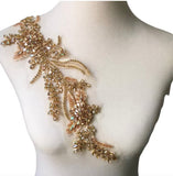 Champagne Gold Rhinestone Lace Applique Pair Beaded Bridal Faux Crystal Bodice Motif Patch