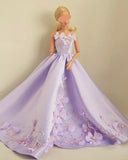 Handmade 1:6 Scale Lilac Purple Satin Beaded Doll Dress Miniature Couture Floral Gown