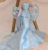 Handmade Doll Evening Gown With Bow Miniature Light Blue Satin Dress 1:6 Scale