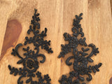 A Pair Black Floral Lace Appliques Embroidered Flower Lace Motifs on Tulle