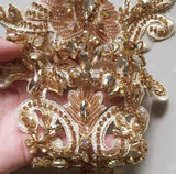 Champagne Beaded Lace Neckline Applique Rhinestone Embroidery Collar Motif Patch