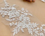 Ivory Beaded Floral Lace Applique Embroidery Sequins Motif Patch Luxury (4 Pairs)