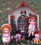 Craftuneed 1:6 scale Christmas Dollhouse Miniature Scene Wooden House with Tree Snowman Reindeer Bear & Festive Decor For Dolls