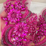 Fuchsia Pink Beaded Lace Applique Pair Floral Rhinestone Embroidery Motif Patch