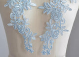 WLight Blue Lace Applique 3 Pairs, Wedding Dress Embroidered Floral Bridal Motif Patch