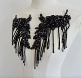 Black Rhinestone Fringe Lace Applique Pair – Beaded Tassel Sewing Trim, Craft Supply