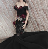 Craftuneed 1:6 Scale Doll Black Lace Mermaid Evening Gown Gothic Style Black Dress with Red Floral Accents For Fashion Dolls Handmade
