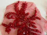 Craftuneed Bundle 6pcs Red luxury embroidered beaded lace applique floral sequins tulle lace motif patch