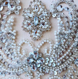 Luxury Beaded Bridal Lace Applique Faux Pearl Rhinestone Bodice Motif Patch Embellishment