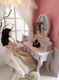 Craftuneed 1:6 scale Miniature Dollhouse Vanity Room Scene Includes Dressing Table Stool, Chandelier, Curtain, Dust Cover For Fashion Dolls