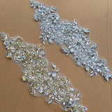 Rhinestone Lace Applique Pair, Bridal Wedding Beaded Motif Patch, Silver White or Gold