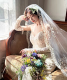 Craftuneed Vintage Inspired Long Ivory Bridal Wedding Veil with Embroidered Lace Trim Available 1.5m to 3m Cathedral Veil