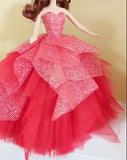 Handmade 1:6 Scale Doll Ball Gown Miniature Red Glitter Doll Dress with Petticoat