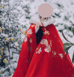 Handmade Embroidered Floral Doll Cape Miniature Red Velvet Faux Fur Cloak 1:3 Scale