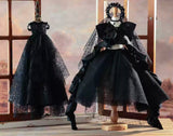 Black Gothic Doll Evening Dress Miniature Victorian Gown with Veil 1/6 1/4 1/3 Scale