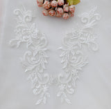 Ivory Beaded Floral Lace Applique: Bridal Embroidery Motif Patch Luxury (4 Pairs)