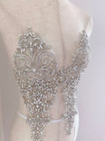 A Pair of Luxury Silver Rhinestone Appliques Ivory Faux Crystal Lace Embellishments Motif Patch for Bridal Gown & Evening Dress Sewing