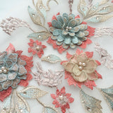 3D Floral Beaded Lace Applique Pair Embroidered Bridal Couture Tulle Motif Patch