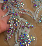 AB Rhinestone Lace Applique Pair Ivory Floral Beaded Bridal Motif Embroidery Patch