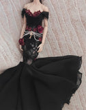 Craftuneed 1:6 Scale Doll Black Lace Mermaid Evening Gown Gothic Style Black Dress with Red Floral Accents For Fashion Dolls Handmade