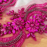 Fuchsia Pink Beaded Lace Applique Pair Floral Rhinestone Embroidery Motif Patch