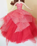 Handmade 1:6 Scale Doll Ball Gown Miniature Red Glitter Doll Dress with Petticoat