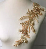 Champagne Gold Rhinestone Lace Applique Pair Beaded Bridal Faux Crystal Bodice Motif Patch