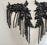Black Rhinestone Fringe Lace Applique Pair – Beaded Tassel Sewing Trim, Craft Supply