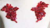 Red Beaded Rhinestone Lace Applique Pair, Bridal Costume Faux Crystal Motif Patch