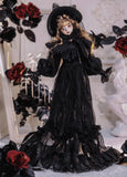 Craftuneed Edwardian Black Lace Doll Dress with Hat for BJD Gothic Halloween Inspired Outfit Costume Fits For 1/6 1/4 Dolls