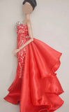 Handmade 1:6 Scale Doll Dress Miniature Red Lace Evening Gown with Rhinestones Details
