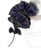 Black Beaded Floral Applique 3D Satin Embroidered Patch Sequin Lace Motif