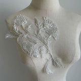 Beaded Floral Lace Applique, Sequin Embroidery Patch, Ivory Bridal Tulle Motif