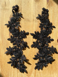A Pair Black Floral Lace Applique Rose Embroidered Lace Motifs on Tulle