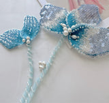 Blue Beaded Floral Lace Applique Bridal Sequin Faux Pearl Flower Motif Patch