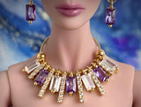 Craftuneed Luxury Handmade 1:6 miniature doll purple gemstone crown matching necklace dangling earrings jewellery