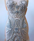 Luxury Beaded Bridal Lace Applique Faux Pearl Rhinestone Bodice Motif Patch Embellishment