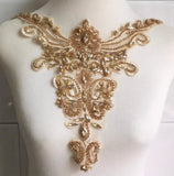 Champagne Beaded Lace Neckline Applique Rhinestone Embroidery Collar Motif Patch