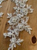 A Pair Ivory Beaded Floral Lace Appliques Bridal Embroidered Sequin Lace Motif Patches