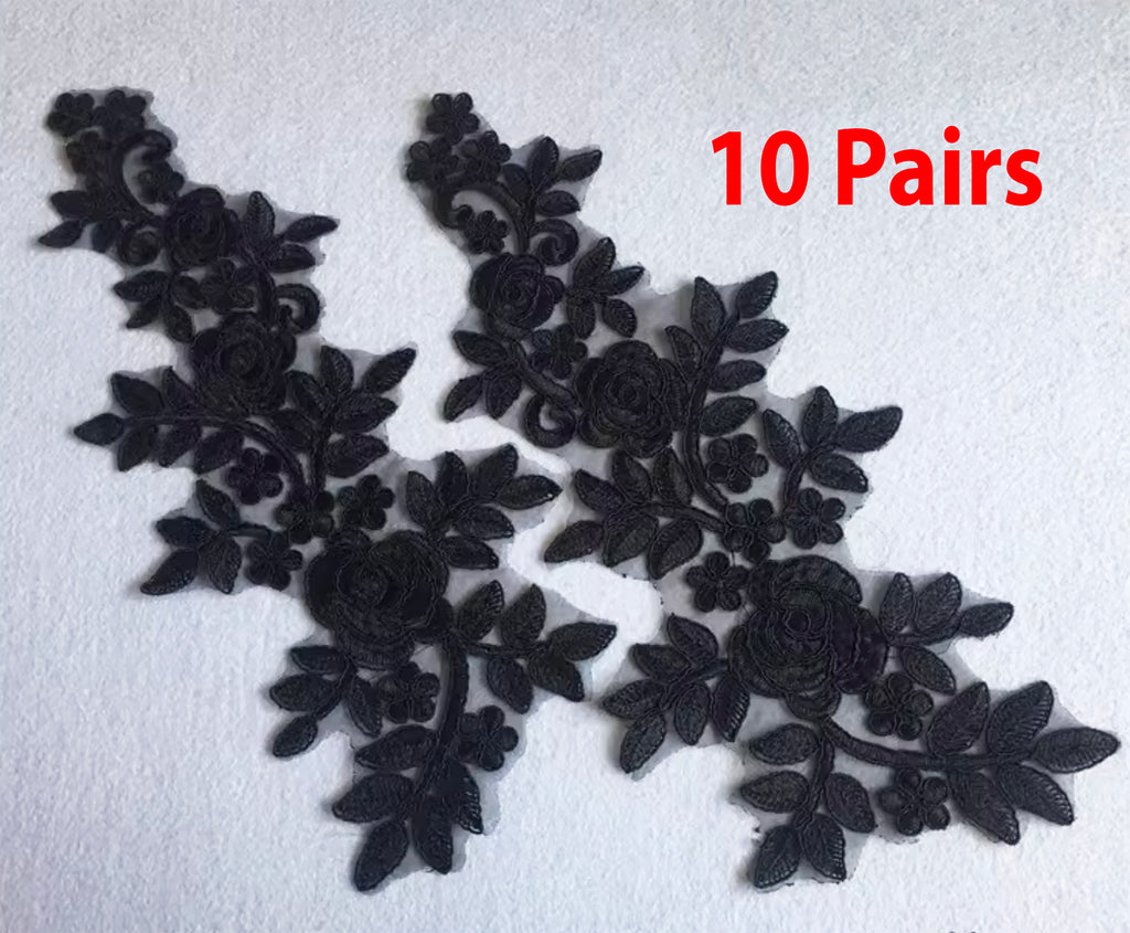10 Pairs Embroidered Lace Appliques, Bridal Dress Floral Lace Motifs Patch