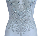Luxury White Beaded Bridal Lace Applique Rhinestone Bodice Motif Patch Embellishment