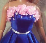 Handmade 1:6 Scale Floral Doll Dress Miniature Dark Blue Satin Gown with Earrings