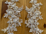 A Pair White Beaded Floral Lace Appliques Bridal Embroidered Sequin Lace Motif Patches