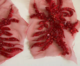 Craftuneed Bundle 6pcs Red luxury embroidered beaded lace applique floral sequins tulle lace motif patch