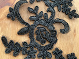 A Pair Black Floral Lace Appliques Embroidered Flower Lace Motifs on Tulle