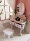 Craftuneed 1:6 scale Miniature Dollhouse Vanity Room Scene Includes Dressing Table Stool, Chandelier, Curtain, Dust Cover For Fashion Dolls