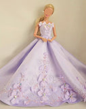 Handmade 1:6 Scale Lilac Purple Satin Beaded Doll Dress Miniature Couture Floral Gown