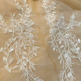 Ivory Beaded Sequin Lace Applique Pair Bridal Floral Embroidered Tulle Motif Patch