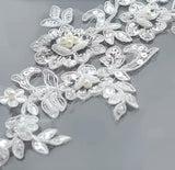5 Pairs Ivory or White Beaded Lace Applique Floral Sequins Embroidered Bridal Motif Patch