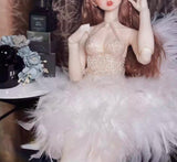 Craftuneed 1:6 Scale Luxury Feather Doll Dress Peach Pink or White Miniature Handmade ballet dress for Fashion Dolls Custom Sizes Available